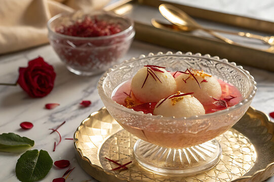 Soft rasgulla delicately topped with saffron strands in luxury dining