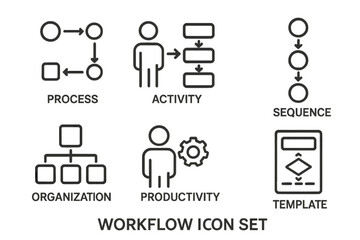 Workflow Process Diagram Icons Set. Flat Line Business Symbols for Productivity, Organization, Activity, Sequence, Template. Management, Planning, Teamwork, Operations, Office. Vector Concept.