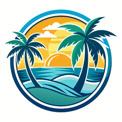 Vector art of circular logo design showcasing a tropical beach scene with two palm trees, stylized waves, and a bright sun setting over the horizon