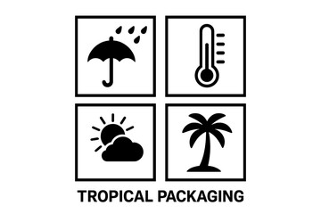 Tropical packaging handling symbols vector set. Cargo product storage icons: moisture, temperature, sunlight, palm. Black logistics pictograms for boxes, international shipping, freight marking