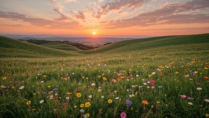 Obraz premium Blurred view of a meadow featuring hills, blossoms, and a distant sunset