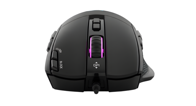 A black gaming computer mouse with illuminated buttons, showcasing advanced technology and precision control for gamers isolated on transparent background