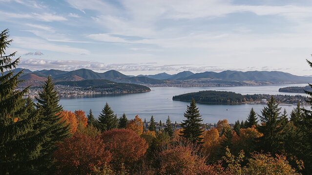 Gorgeous fall landscapes featuring colorful trees and serene waters along a scenic beach in a northern coastal area. - Powered by Adobe