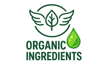 Organic Ingredients Label Design with Leaf Wings and Green Drop Symbolizing Natural and Eco-Friendly Product Components