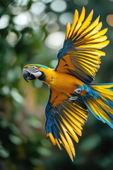 A vibrant blue and yellow macaw flying with outstretched wings