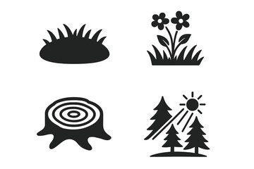 Forest glade vector icons set grass tuft floral meadow tree stump evergreen pine woodland sunlight nature environment rustic countryside landscape silhouette black illustration