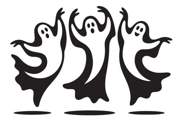 Whimsical halloween ghosts dancing silhouettes isolated on white background