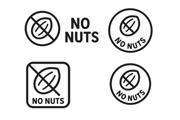 No nuts symbol icons set for allergy safe product labeling – crossed out nut graphic stamps, allergen information, peanut free, nut-free sign, allergy warning, food safety vector illustration