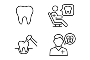 Dental care icons set linear outline. Tooth medical symbol, dental office, dentist patient consultation, oral treatment, orthodontist, braces, dental restoration, teeth care concept illustration.