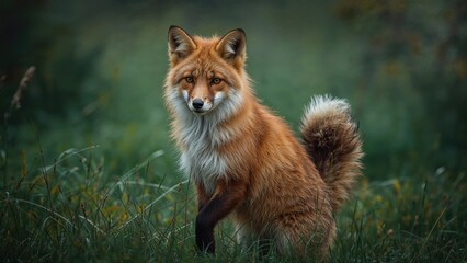 Fototapeta premium Wild fox standing and gazing ahead with confidence against a natural backdrop