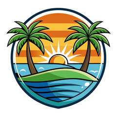 Obraz premium Vector art of vibrant tropical island sunset with palm trees and ocean waves, a serene paradise scene perfect for summer vacation and travel