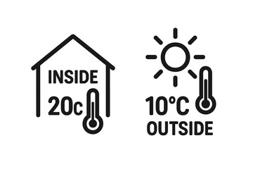 Conceptual temperature symbols showing inside and outside values with sun icons, temperature indicators, weather vector elements, digital thermometer illustration on transparent background
