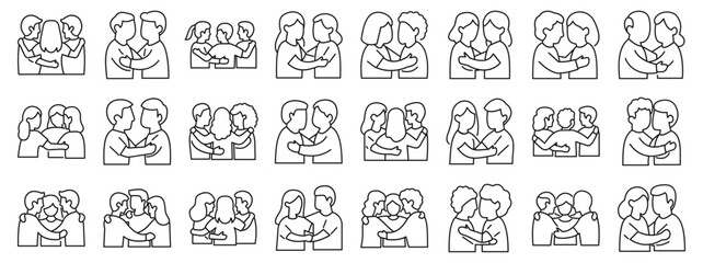 Team huddle icons set. Line art icons depicting people embracing, conveying feelings of love, friendship, and togetherness