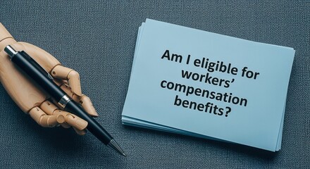 Workers' Compensation Eligibility Concept: Mannequin Hand Holding Pen Next to Question on Blue Cardstock