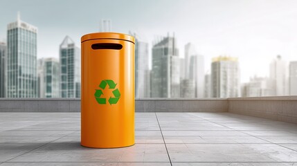 Orange Recycle Bin with Green Symbol on Rooftop Overlooking Cityscape, Promoting Sustainability and Environmental Awareness