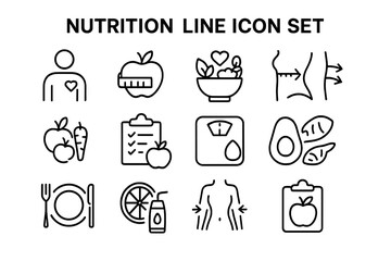 Nutrition healthy eating line icon set. Diet plan checklist, meal plate, weight loss, fruit and vegetable, salad bowl, body slimming, juice, avocado, fitness, wellness vector illustration.
