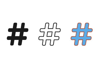 Obraz premium Hashtag icon set, social media symbols. Black filled, outline, and color hashtag collection for web, internet, SEO, networks, marketing, branding, communication. Vector isolated elements.