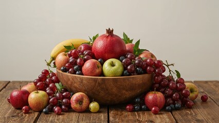 Various fruits gathered in a bowl sitting on a tabletop
