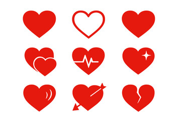 Heart icon set collection red vector. Isolated heart symbols. Broken heart, love, romance, heartbeat, shining, healthy, arrow, outline, pairs. Graphic design, medical, valentine, emotions.