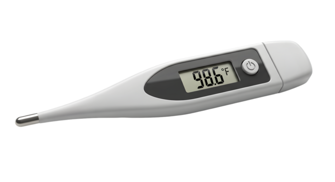 A digital medical thermometer displaying a temperature of 986 degrees fahrenheit, isolated on transparent background