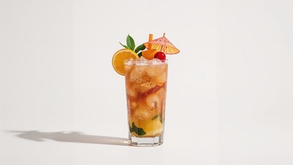 Exotic mixed beverage adorned with fruit and small umbrella against a white surface