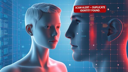A gender-neutral humanoid figure with a digital background and a warning overlay about identity duplication.