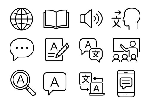 Black linear icons for global language learning and translation tools