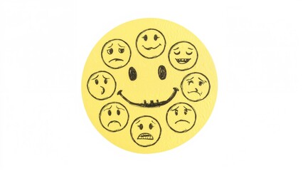 Fototapeta premium Circular yellow cutouts displaying contrasting facial expressions of joy and sorrow, symbolizing emotions, isolated on white
