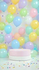 3D Illustration Pastel Balloons Podium Confetti Celebration Background