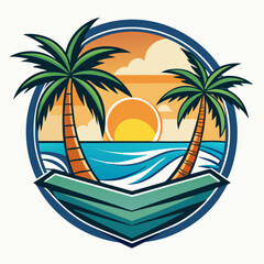 Vector art of vibrant tropical beach scene at sunset with two palm trees framing the sun over the ocean waves, perfect for vacation and summer themes