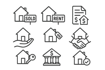 Fototapeta premium Real estate icons set. Vector house sold and rent property signs, contract, handshake, key, mortgage, price tag, purchase agreement, finance. Real estate agency concept illustration.