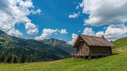 Cozy wooden lodge surrounded by vibrant green hills beneath a clear sky dotted with soft clouds, perfect for themes of peace and countryside life.