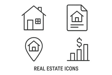 Real Estate Icons Set. Vector Linear Flat Style for Websites, Apps, and Graphic Resources. Conceptual Home, Property Document, Location Pin, and Financial Growth Icons.