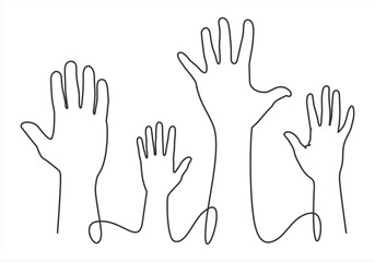 Illustration of a raised hand in a minimalist single-line style. A symbol of participation, solidarity, and support. Suitable for social, educational, community, and campaign themes.
