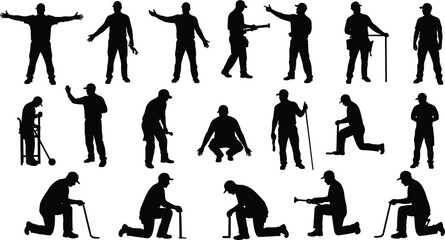 Silhouettes of construction workers in various poses, holding tools, working, standing, kneeling, and communicating on white background