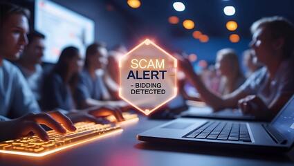 A diverse group of individuals engaging in a tense online bidding session with a 'Scam Alert' notification visible.