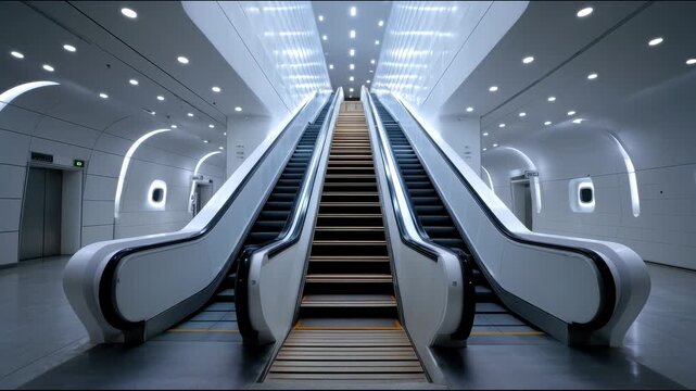 Three parallel escalators in a modern futuristic building with white curved walls and bright lighting