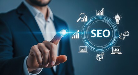 Man Touching SEO Interface: Optimizing Digital Marketing Strategy for Business Growth and Online Visibility