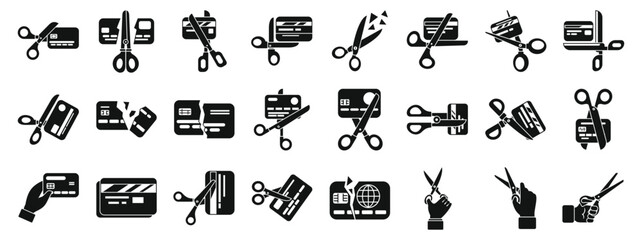 Cutting credit card icons set. Various icons depicting scissors cutting credit cards, symbolizing debt cancellation, financial freedom, and responsible spending habits