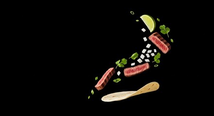 Fresh ingredients for carne asada tacos falling in the air. Sliced beef, lime, onion, and cilantro over a tortilla against a black backdrop. Ideal for menu design.