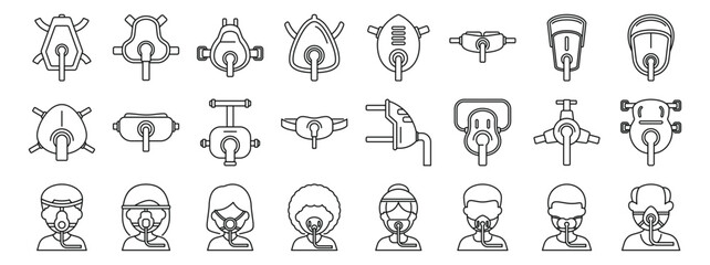CPAP mask icons set. Line drawing of oxygen masks showing different models of breathing apparatus, worn by doctors, nurses and patients