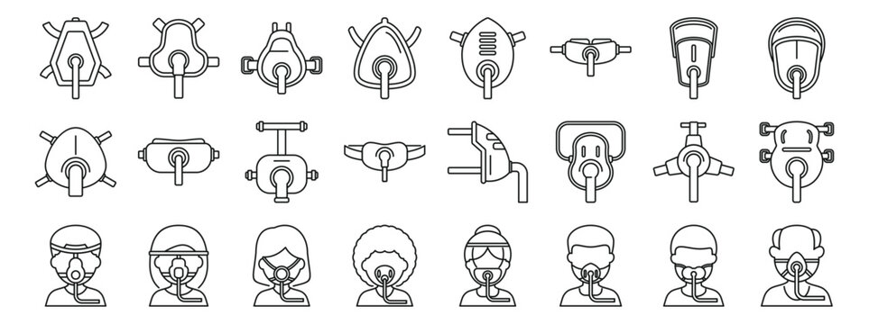 CPAP mask icons set. Line drawing of oxygen masks showing different models of breathing apparatus, worn by doctors, nurses and patients