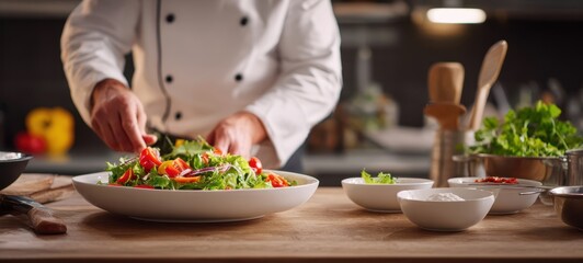 The chef preparing a colorful salad in a modern kitchen setting.