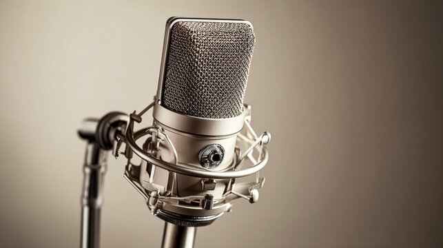 Vintage Studio Microphone on Stand for Professional Audio Recording and Broadcasting Applications - Powered by Adobe