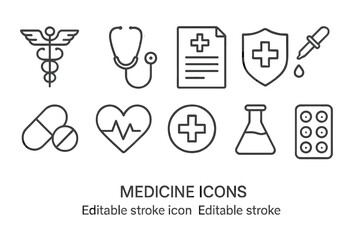 Medical healthcare vector icon set. Linear outline editable stroke. Hospital symbols, health, heart, medicine, stethoscope, prescription, pills, lab test, shield, emergency cross, digital resources.