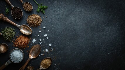Mix of aromatic spices and herbs alongside aged metal spoons on a stone backdrop - food preparation and healthy living