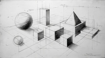 Technical drawing rendering geometric primitivesspheres, cubes, pyramidsusing precise perspective projection, creating dimensional visual representation