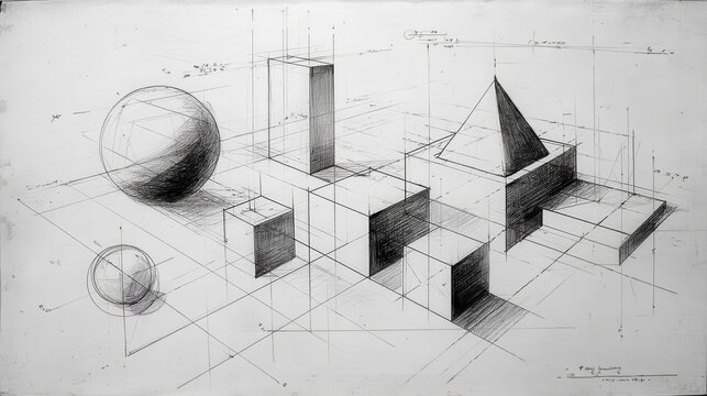 Technical drawing rendering geometric primitivesspheres, cubes, pyramidsusing precise perspective projection, creating dimensional visual representation