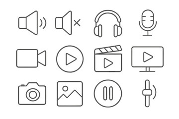 Media player interface line icon set. Vector multimedia symbols for web and mobile apps. Audio and video production elements. Sound, music, movie, photo buttons. Editable stroke