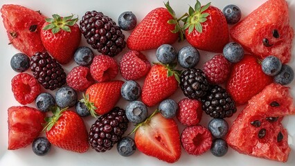Obraz premium Assorted fresh fruits and berries arranged on a white surface